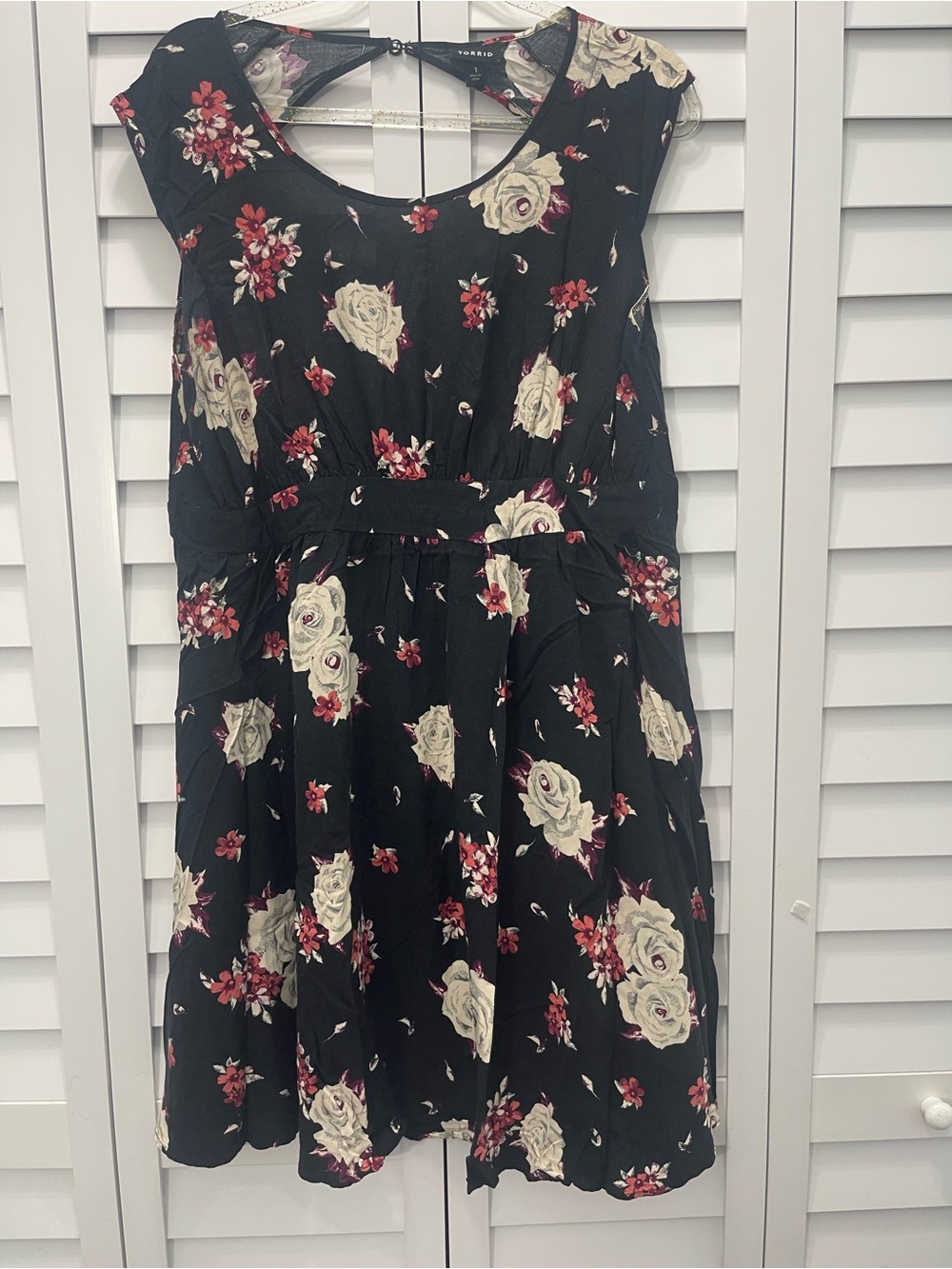 Torrid Black Floral Fit-and-Flare Dress with Cream & Red Roses Size 1